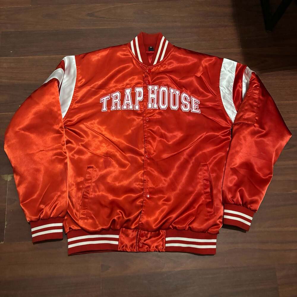Trap House Satin Bomber Varsity Jacket, Red and White, Size XL